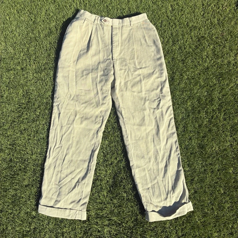 Tommy Hilfiger Tailored Mens 28x28 Pleated Beige Cuffed Wide Leg Formal Pants